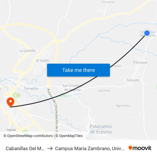 Cabanillas Del Monte (Plaza) to Campus María Zambrano, Universidad De Valladolid map