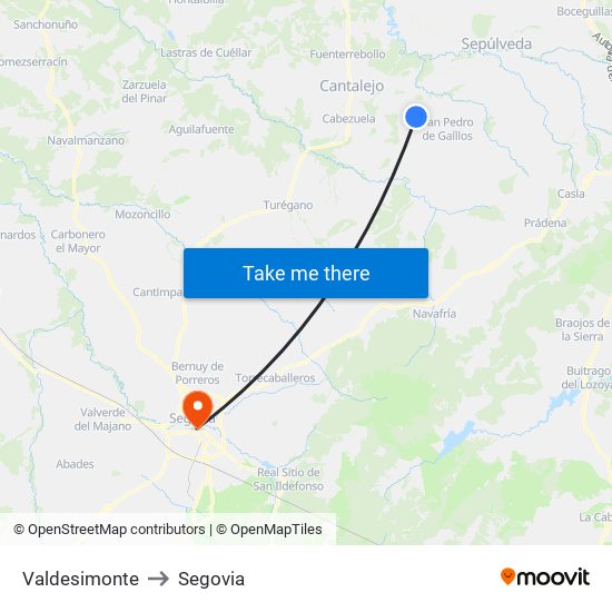 Valdesimonte to Segovia map