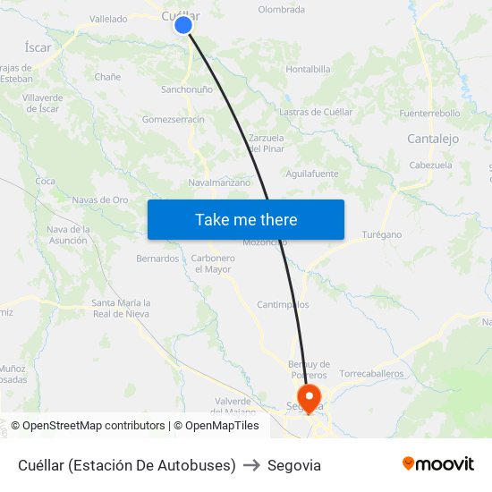 Cuéllar (Estación De Autobuses) to Segovia map
