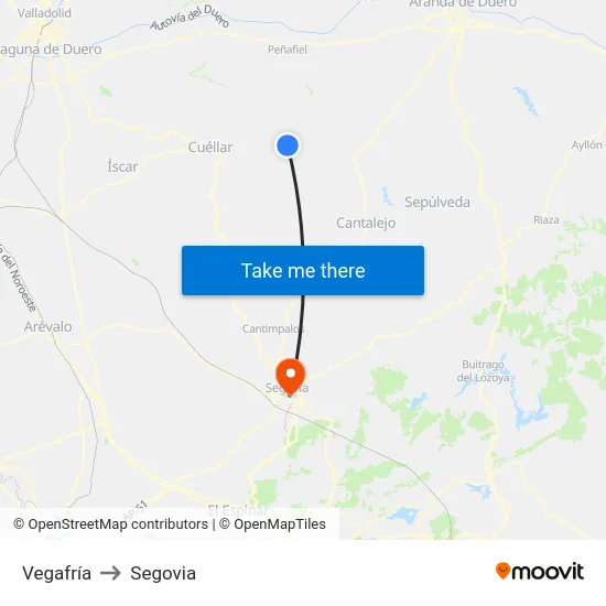 Vegafría to Segovia map