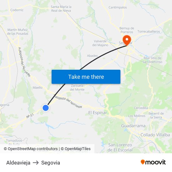 Aldeavieja to Segovia map
