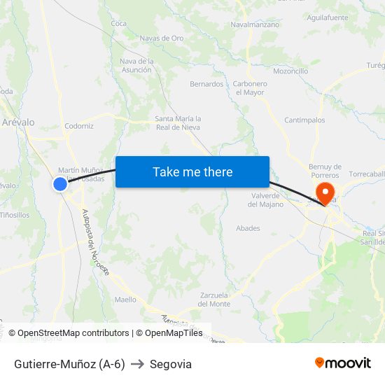 Gutierre-Muñoz (A-6) to Segovia map