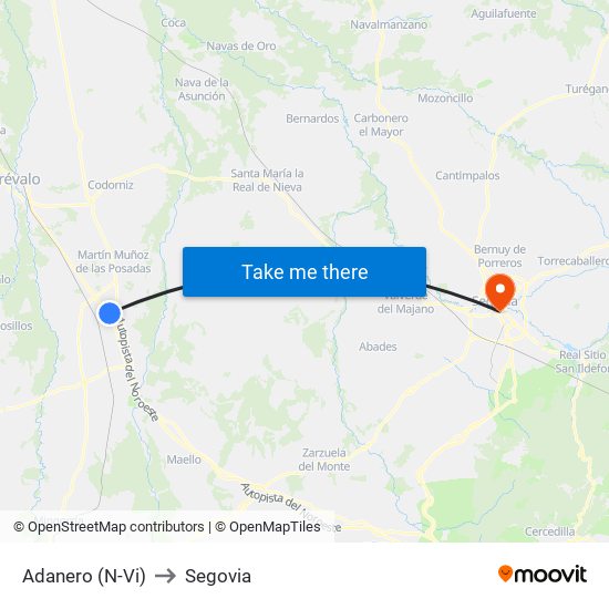 Adanero (N-Vi) to Segovia map