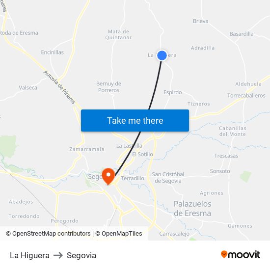 La Higuera to Segovia map