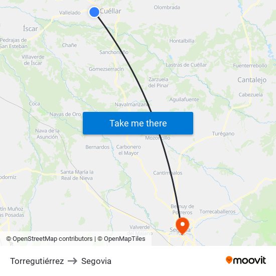 Torregutiérrez to Segovia map