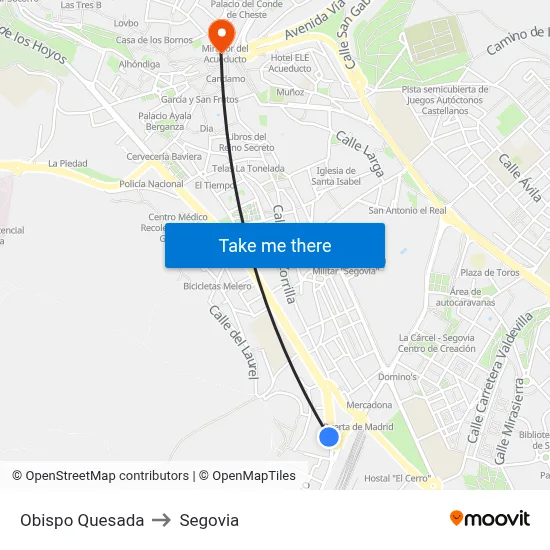Obispo Quesada to Segovia map