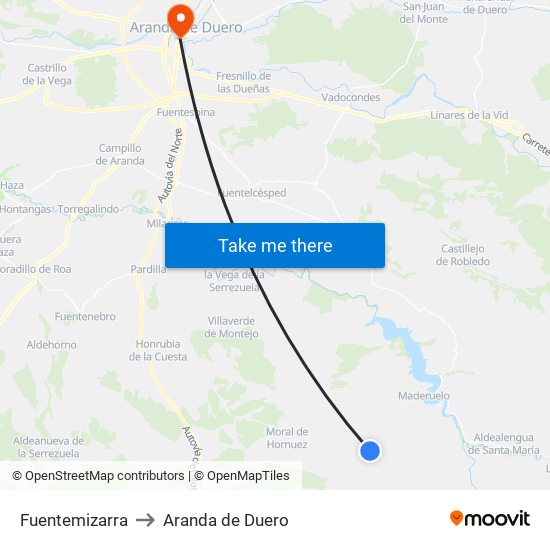 Fuentemizarra to Aranda de Duero map