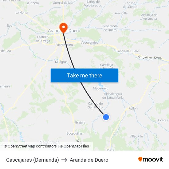 Cascajares (Demanda) to Aranda de Duero map