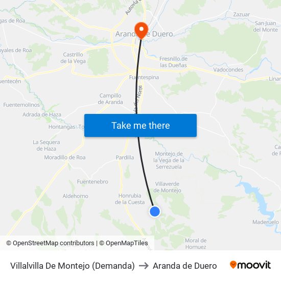 Villalvilla De Montejo (Demanda) to Aranda de Duero map