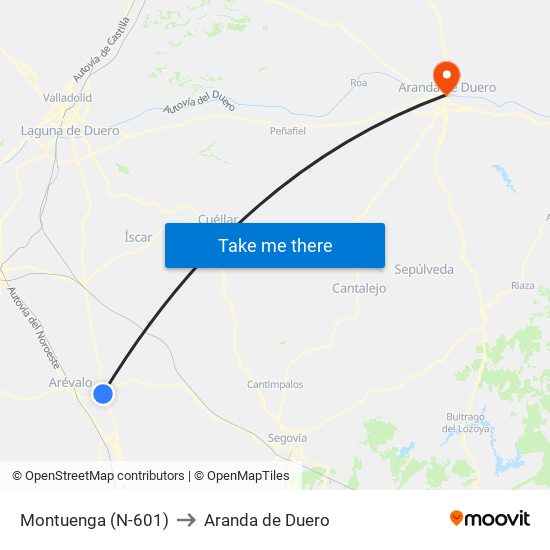 Montuenga (N-601) to Aranda de Duero map