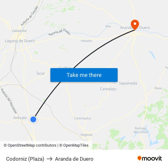 Codorniz (Plaza) to Aranda de Duero map