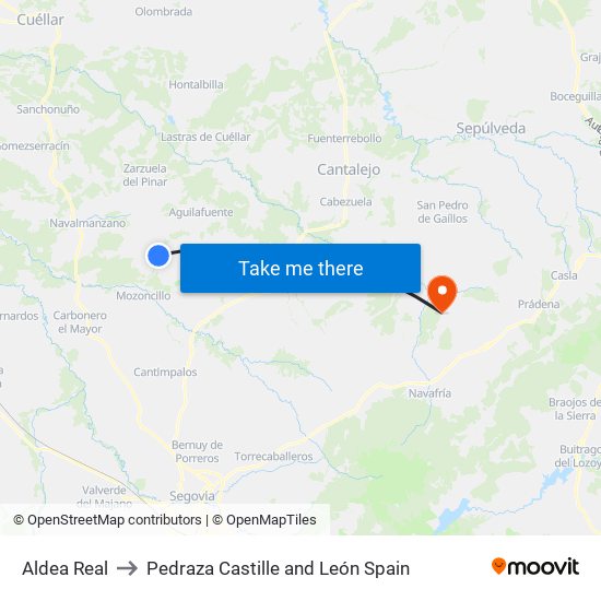 Aldea Real to Pedraza Castille and León Spain map