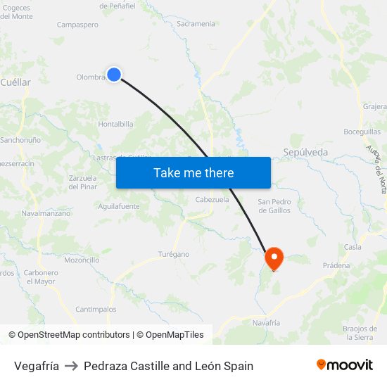 Vegafría to Pedraza Castille and León Spain map