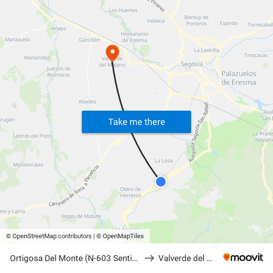 Ortigosa Del Monte (N-603 Sentido Madrid) to Valverde del Majano map