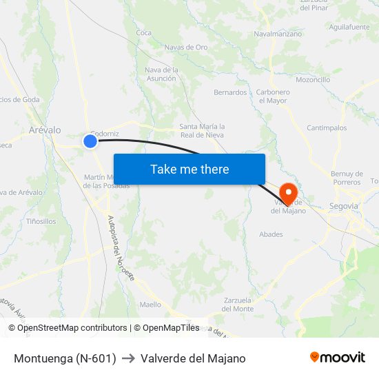 Montuenga (N-601) to Valverde del Majano map