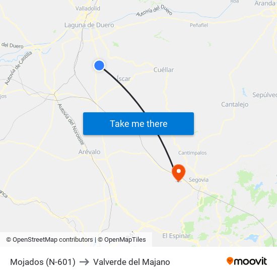 Mojados (N-601) to Valverde del Majano map