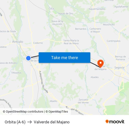 Orbita (A-6) to Valverde del Majano map