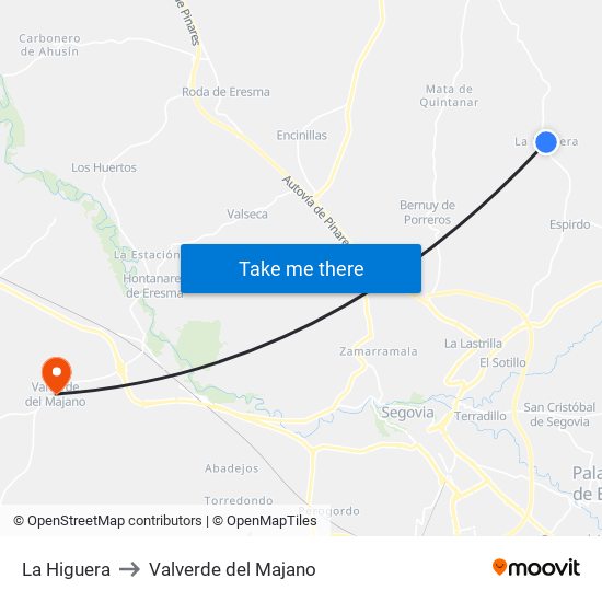 La Higuera to Valverde del Majano map