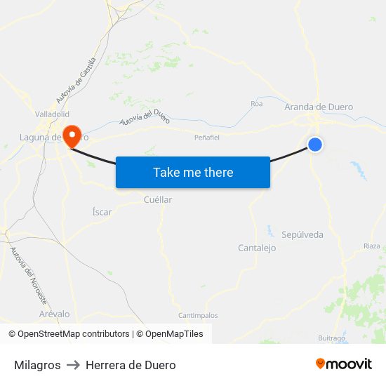 Milagros to Herrera de Duero map