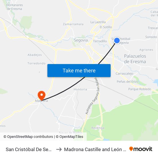 San Cristóbal De Segovia to Madrona Castille and León Spain map