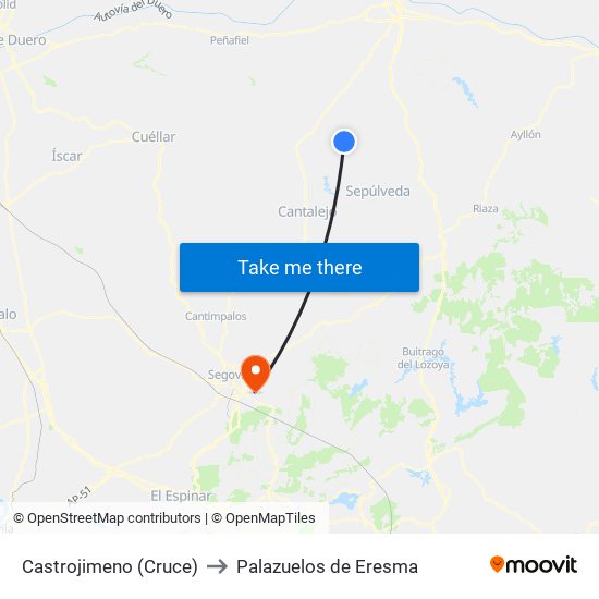 Castrojimeno (Cruce) to Palazuelos de Eresma map