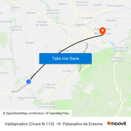 Valdeprados (Cruce N-110) to Palazuelos de Eresma map