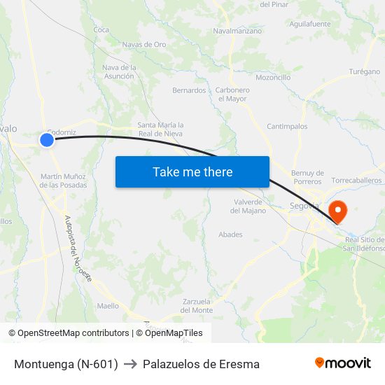 Montuenga (N-601) to Palazuelos de Eresma map