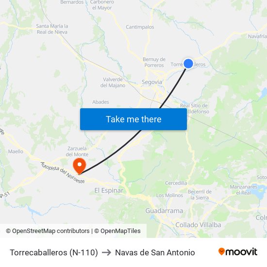 Torrecaballeros (N-110) to Navas de San Antonio map