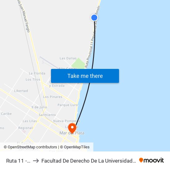 Ruta 11 - Gada 601 to Facultad De Derecho De La Universidad Nacional De Mar Del Plata (Unmdp) map
