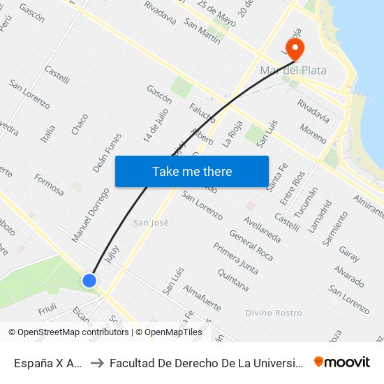 España X Av. Juan B. Justo to Facultad De Derecho De La Universidad Nacional De Mar Del Plata (Unmdp) map