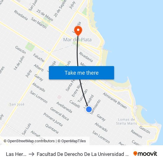 Las Heras, 2800 to Facultad De Derecho De La Universidad Nacional De Mar Del Plata (Unmdp) map
