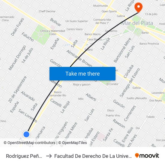 Rodríguez Peña X Av. Independencia to Facultad De Derecho De La Universidad Nacional De Mar Del Plata (Unmdp) map