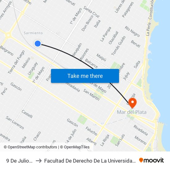 9 De Julio, 5502-5520 to Facultad De Derecho De La Universidad Nacional De Mar Del Plata (Unmdp) map