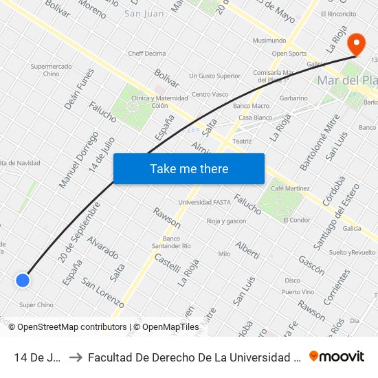 14 De Julio, 3371 to Facultad De Derecho De La Universidad Nacional De Mar Del Plata (Unmdp) map