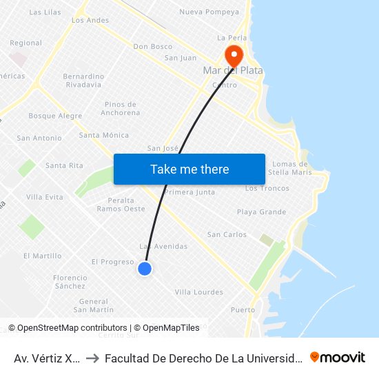 Av. Vértiz X Los Plátanos to Facultad De Derecho De La Universidad Nacional De Mar Del Plata (Unmdp) map