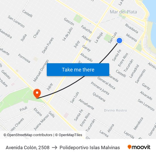 Avenida Colón, 2508 to Polideportivo Islas Malvinas map
