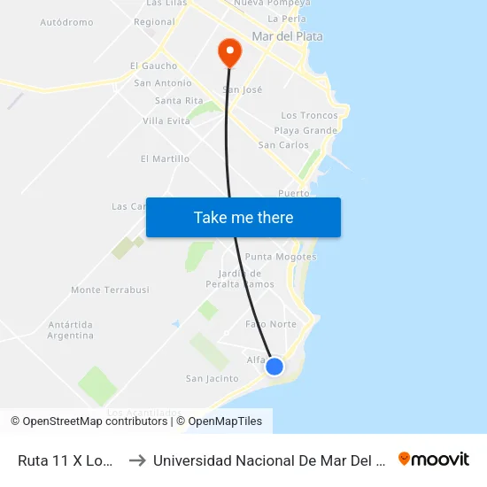 Ruta 11 X Lombardía to Universidad Nacional De Mar Del Plata (Unmdp) map