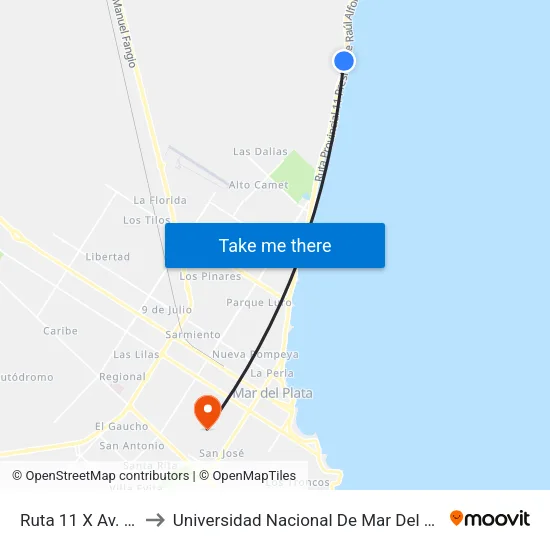 Ruta 11 X Av. Central to Universidad Nacional De Mar Del Plata (Unmdp) map