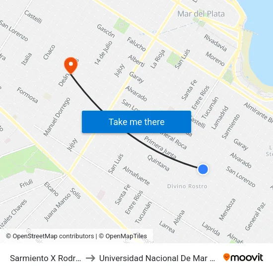Sarmiento X Rodríguez Peña to Universidad Nacional De Mar Del Plata (Unmdp) map