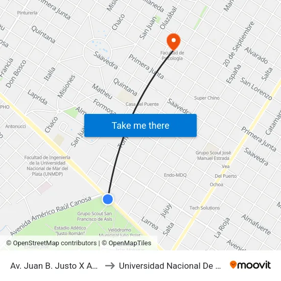 Av. Juan B. Justo X Av. De Los Jubilados to Universidad Nacional De Mar Del Plata (Unmdp) map