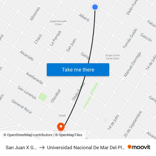 San Juan X Gascón to Universidad Nacional De Mar Del Plata (Unmdp) map