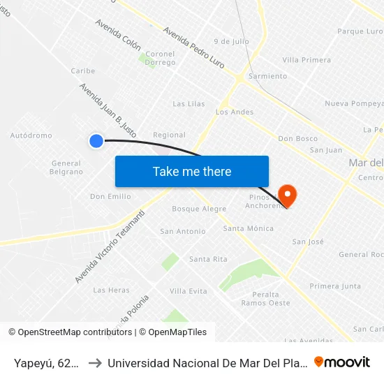 Yapeyú, 628-694 to Universidad Nacional De Mar Del Plata (Unmdp) map