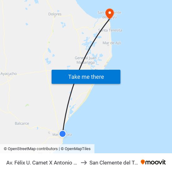 Av. Félix U. Camet X Antonio Alice to San Clemente del Tuyú map