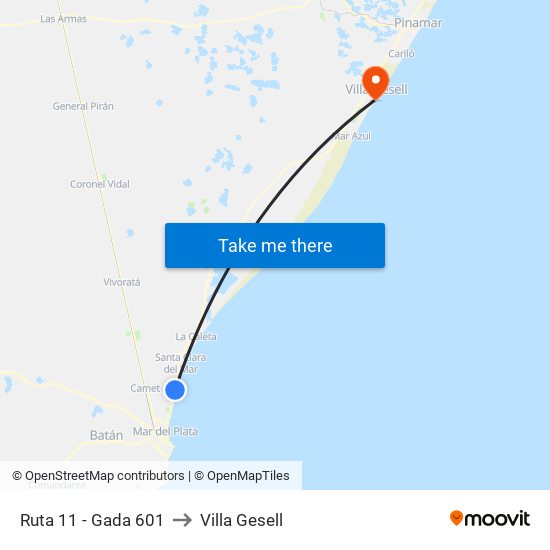 Ruta 11 - Gada 601 to Villa Gesell map