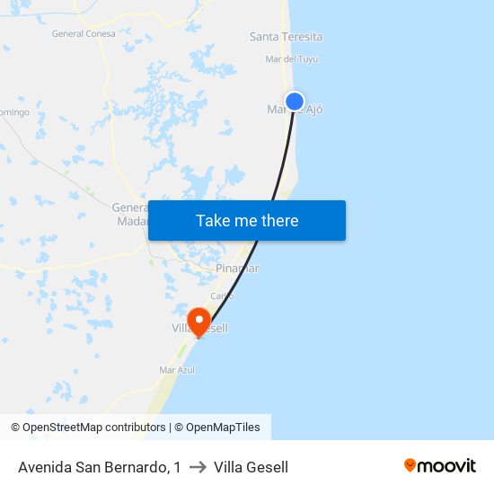 Avenida San Bernardo, 1 to Villa Gesell map
