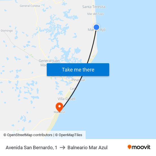 Avenida San Bernardo, 1 to Balneario Mar Azul map