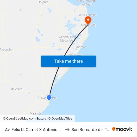 Av. Félix U. Camet X Antonio Alice to San Bernardo del Tuyú map