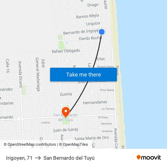 Irigoyen, 71 to San Bernardo del Tuyú map