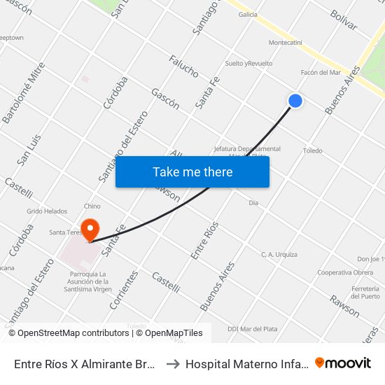 Entre Ríos X Almirante Brown to Hospital Materno Infantil map