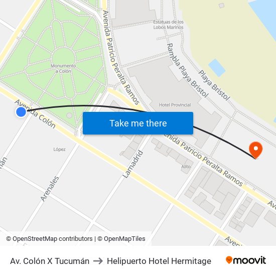 Av. Colón X Tucumán to Helipuerto Hotel Hermitage map
